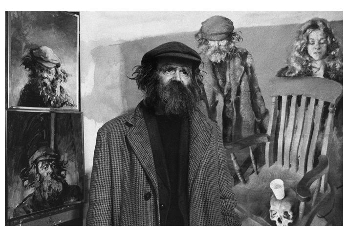 Diogenes in front of the canvas 'Diogenes and Belle at Prayer with Chairs', 1974. (Photo: Ivor J. Hibbard)