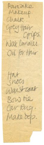 Eliza Massey’s shopping list for items to disguise Robert as an old man for the ‘Harry & Billy’ lecture